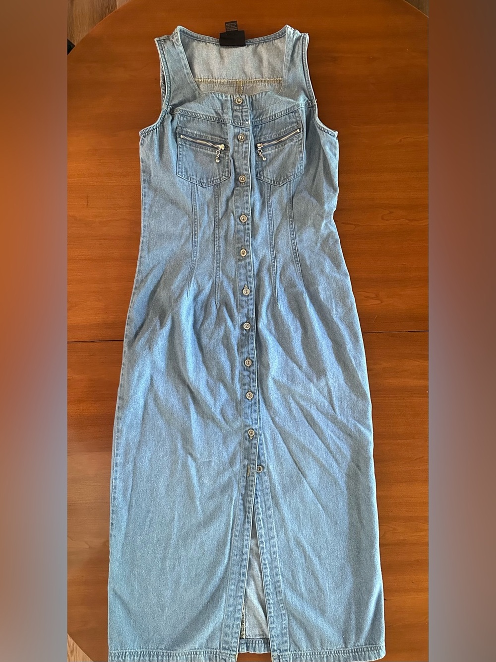 Vintage Blue Denim Sleeveless Midi Dress Fitted Button Front Zip Pocket 90s
